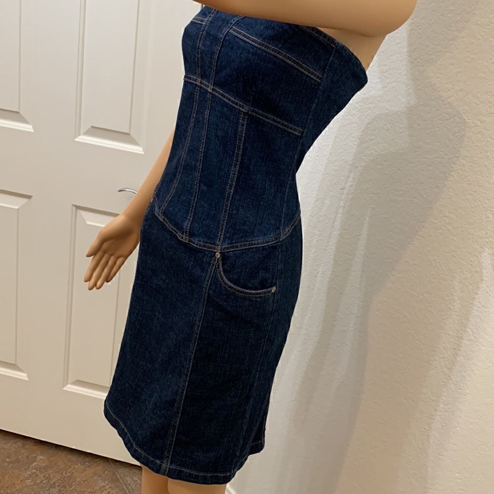 Premise Denim Blue Gold Strapless Pockets Zippered Back Woman’s Dress - Picture 6 of 16